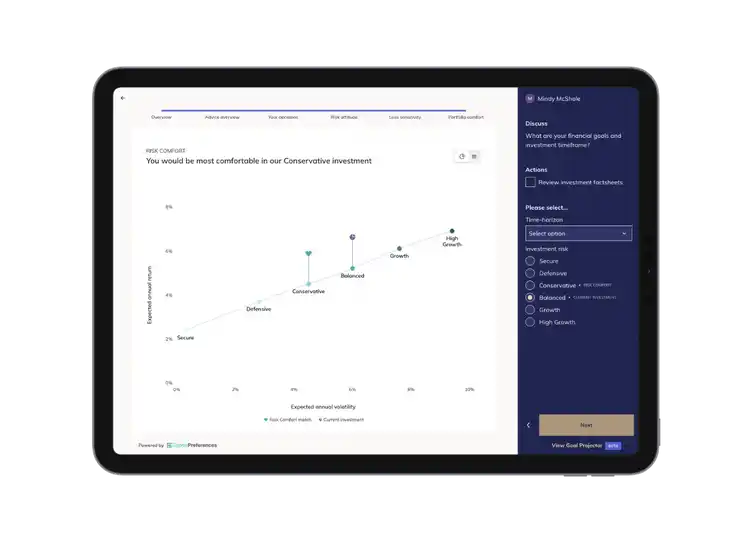 A financial risk profiling tool displays different client portfolio options.