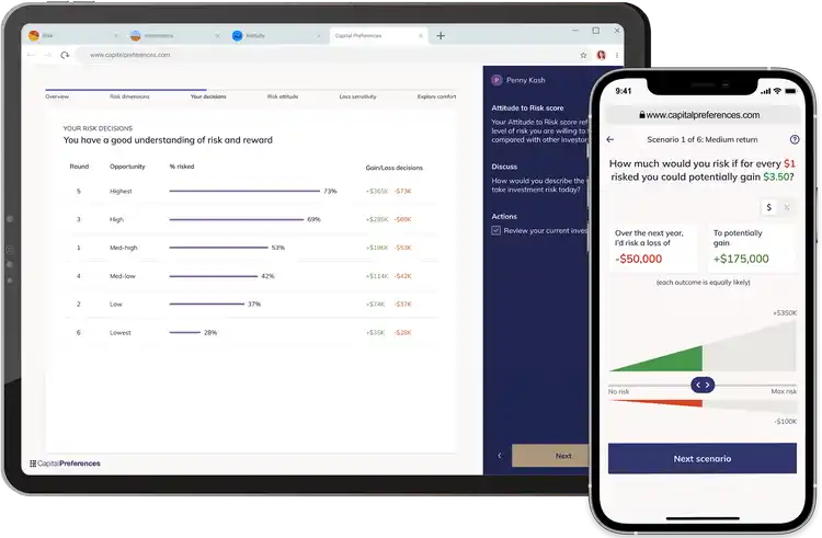 Capital Preferences financial risk profiler is displayed on a tablet and phone.
