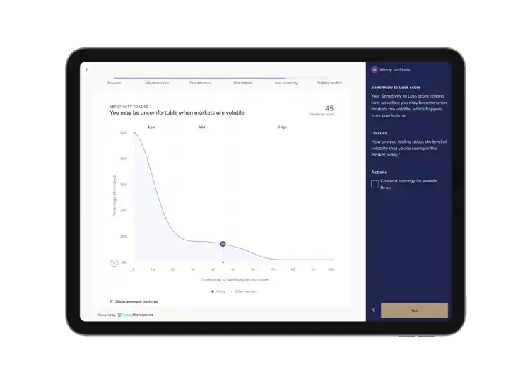 Capital Preferences financial risk comfort score is shown on a tablet